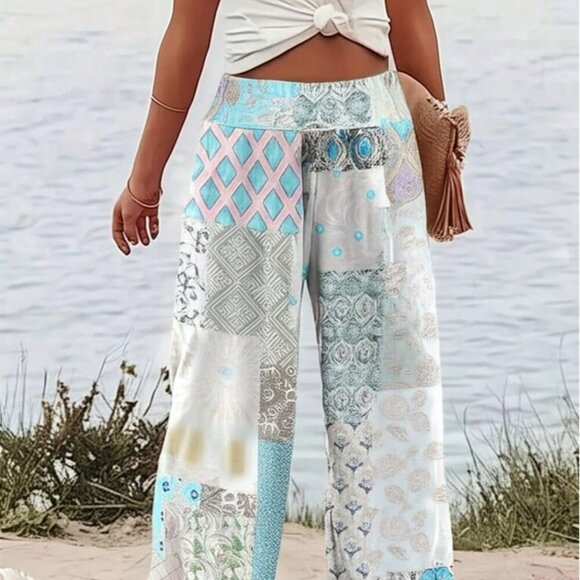 Grey Bohemian Women's Floral Ditsy Floral Patchwork High Waist Loose Pants - Picture 1 of 4